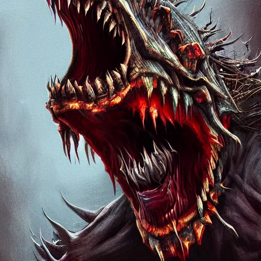 Image similar to terrifying monster, big teeth, horror movie, intricate, digital painting, cinematic, trending on artstation