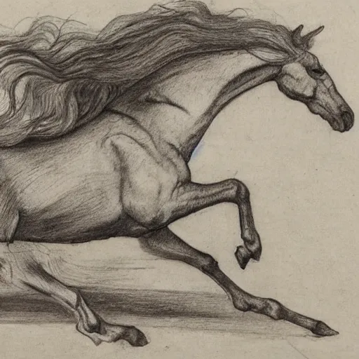 Prompt: a galloping wild horse, side view, gestural-pencil-study by da-vinci and albrecht-durer