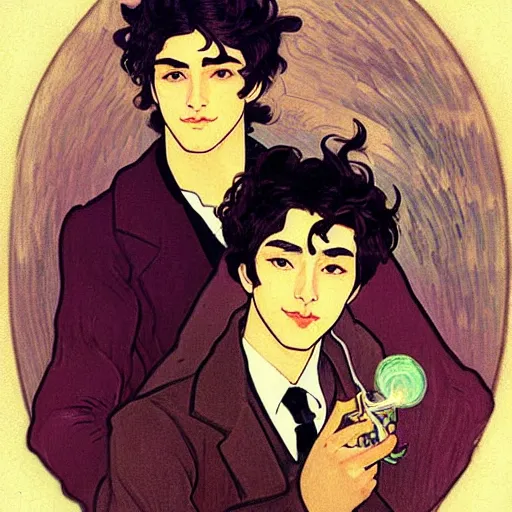 Image similar to painting of young cute handsome beautiful dark medium wavy hair man in his 2 0 s named shadow taehyung and cute handsome beautiful min - jun together at the halloween! party, bubbling cauldron!, candles!, smoke, autumn! colors, elegant, wearing suits!, clothes!, delicate facial features, art by alphonse mucha, vincent van gogh, egon schiele