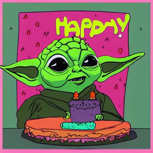 Image similar to (baby yoda grogu) smashing birthday cake into his face, happy birthday, happy birthday candles, mischievous, inquisitive, devious, hilarious, funny, birthday wrapped PRESENTS, artwork by Erin Hanson