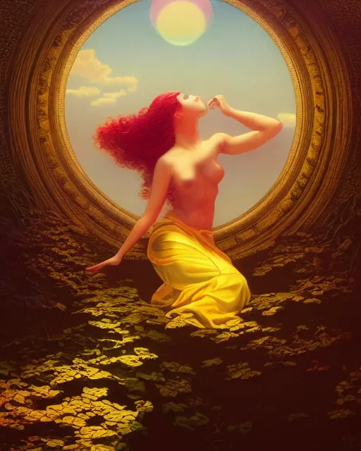 Prompt: beautiful woman floating in the most wonderful dream she ever had, coherent design, symmetrical, concept art, vivid color, complementary color, golden ratio, detailed, sharp lines, intricate, rainbowshift, by maxfield parrish, by peter mohrbacher, by gustave dore, by arthur rackham, deviantart, octane render