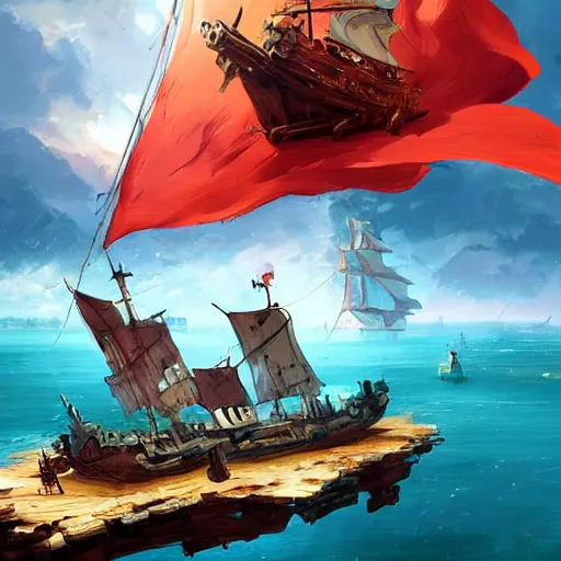 Image similar to two large pirates ship floating on top of a body of water, fighting each other, pirates flag , cgsociety, fantasy art, 2d game art, concept art , ambient occlusion, bokeh, behance hd , concept art by Jesper Ejsing, by RHADS, Makoto Shinkai Cyril Rolando