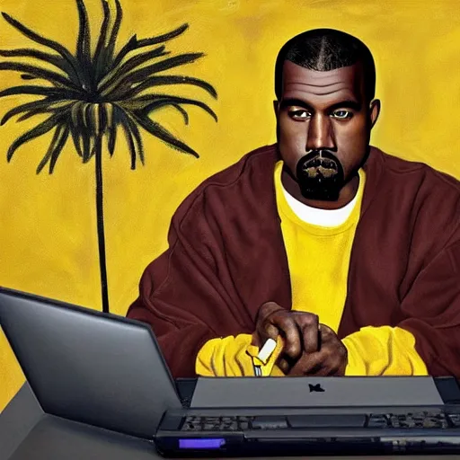 Image similar to kanye west in a bumblebee costume drinks coffee in front of a laptop, highly detailed, masterpiece, renaissance, oil on canvas