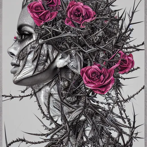 Image similar to the anatomy of a head of thorns with roses that resemble a beautiful woman, an ultrafine detailed illustration by james jean, intricate linework, bright colors, final fantasy, behance contest winner, vanitas, angular, altermodern, unreal engine 5 highly rendered, global illumination, radiant light, detailed and intricate environment