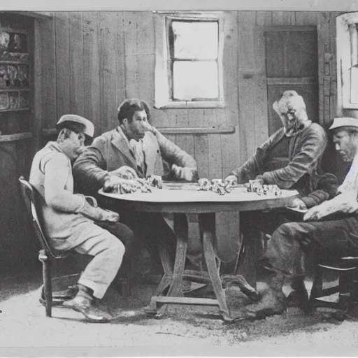 Prompt: old photo of criminals playing poker in a small worn out cottage. black and white.