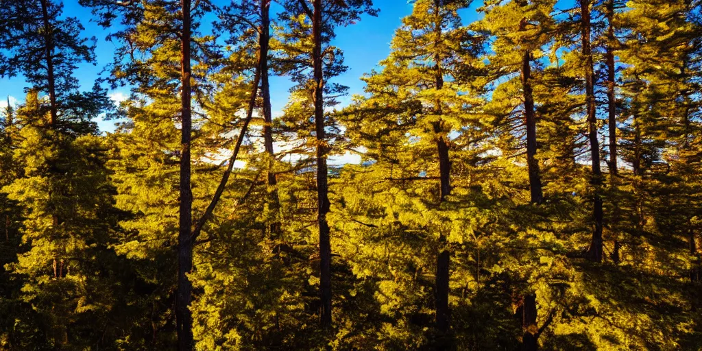 Prompt: view looking out over golden sunlit treetops with bright blue sky overhead, photograph, 4 k