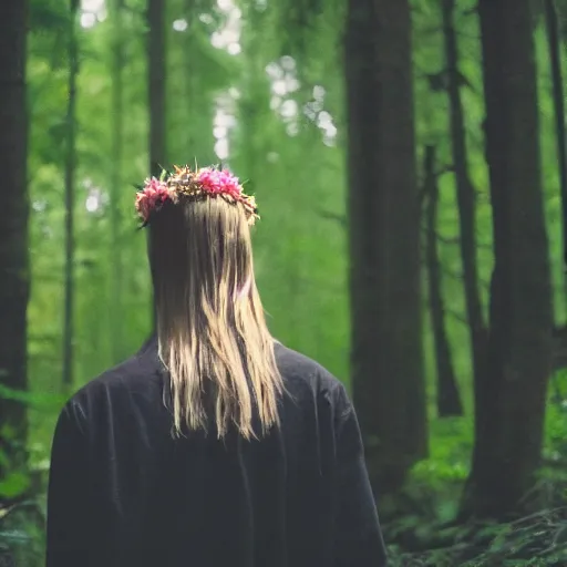 Prompt: kodak portra 4 0 0 photograph of a skinny blonde guy standing in dark forest with fireflies in the air, back view, flower crown, moody lighting, telephoto, 9 0 s vibe, blurry background, vaporwave colors, faded!,