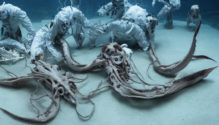 Image similar to Big budget horror movie, undersea biolab, cyborg, autopsy, giant squid