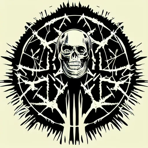 Image similar to dark death metal themed vector illustration for a record label, trees. forest, spikes, skull, microphone, skull, award winning, grunge, iconic, golden ratio