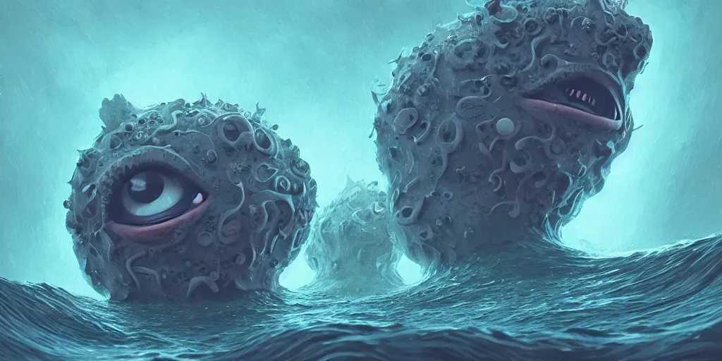 Image similar to of a stormy ocean with strange cute friendly happy creatures with huge eyes, mouth, long tongue, round teeth and goofy face, appearing from the background, in the style of gehry and gaudi, macro lens, shallow depth of field, ultra detailed, digital painting, trending artstation, concept art, illustration, cinematic lighting, photorealism, epic, octane render