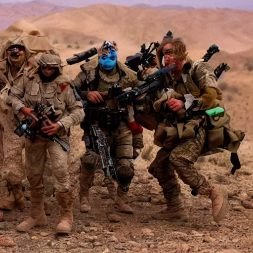 Image similar to kermit, fozzy, gonzo, beeker and other muppets in special forces clothing, fighting in the desert. epic action movie production photograph.