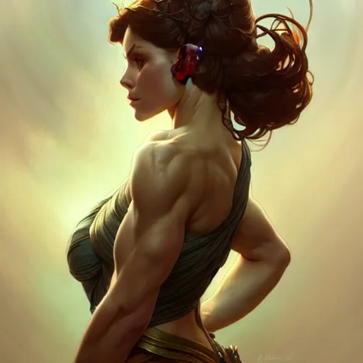 Image similar to actress, muscular upper body, D&D, fantasy, intricate, elegant, highly detailed, digital painting, artstation, concept art, smooth, sharp focus, illustration, art by artgerm and greg rutkowski and alphonse mucha