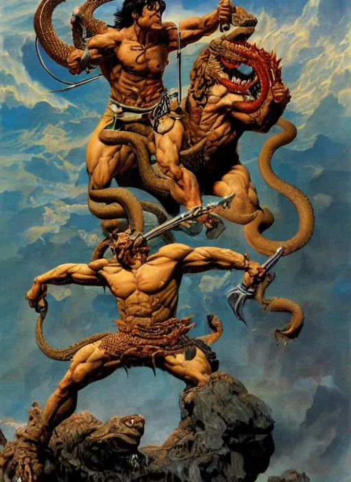 Image similar to a highly detailed symmetrical painting of conan fighting a mythical snake creature, dynamic lighting, ambient lighting, art by frank frazetta and glenn fabry and argerm, hires, 4 k