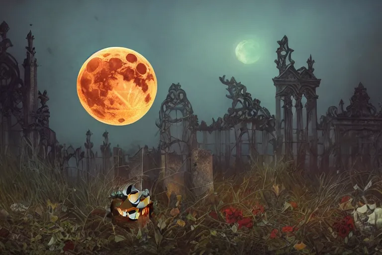 Prompt: an ultra detailed animation of a bat in a graveyard at midnight on halloween, digital art, dark fantasy, concept art, soulslike, by alphonse mucha, blood moon eclipse, ruined building in the background, artstation, 8 k, unreal engine render