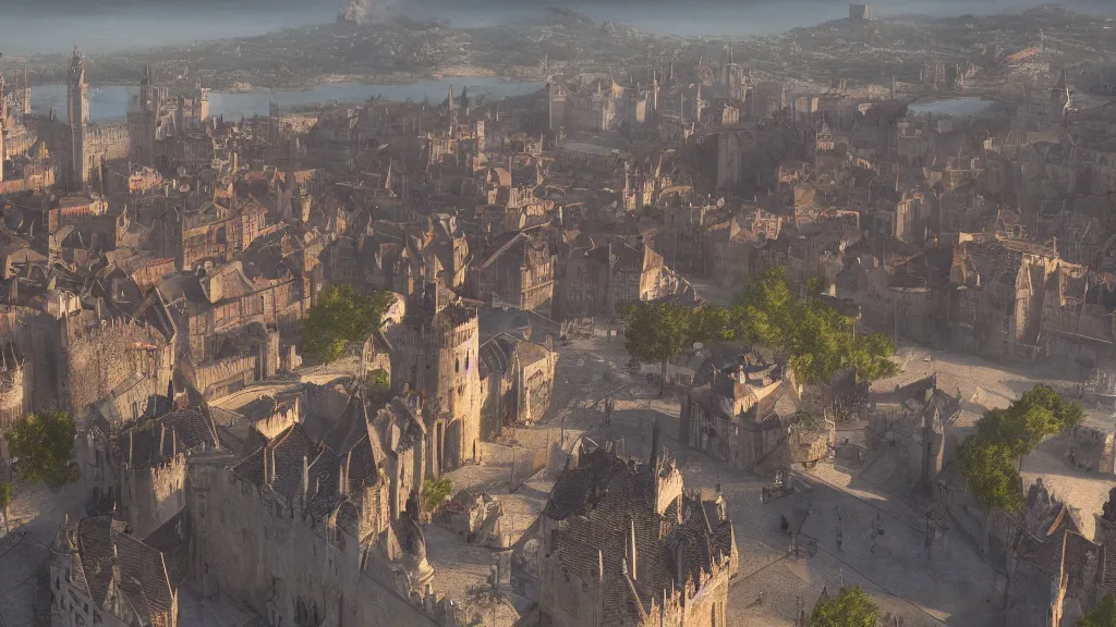 Prompt: 3d rendering of the fantasy medieval city of Kings Landing, influenced from HBO's A Game of Thrones, Looking towards the Red Keep which is in the background, foggy atmosphere, volumetric lighting, fantasy artwork, very beautiful scenery, very realistic painting effect, hd, hdr, unreal engine 5, cinematic 4k wallpaper, 8k, ultra detailed, high resolution, artstation