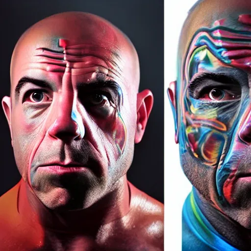 Image similar to UHD candid photo of Joe Rogan dressed as a cosmic superhero, accurate face, UHD, photorealistic, correct face, photo by Annie Leibowitz