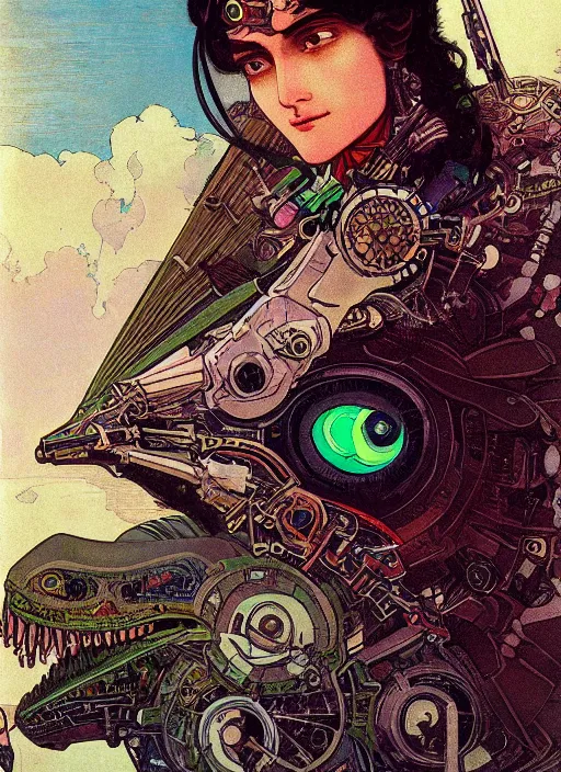 Image similar to portrait of a cyborg warrior girl character sitting on top of a robot dinosaur bird flying in space, epic character with dark skin and beautiful green eyes. the girl has a very beautiful detailed symmetrical face, long black hair. fantasy illustration by mucha