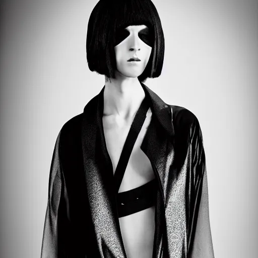 Image similar to fashion photography of a genderless alien model, full body, wearing a black kimono, photo 3 5 mm leica, hyperdetail, berghain, 8 k, very detailed, black and white