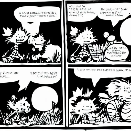 Image similar to Calvin and Hobbes in the style of Bill Waterson, single panel, full colour,