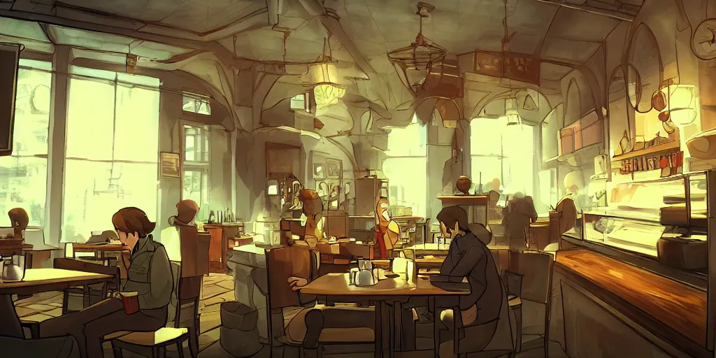 Image similar to a quiet cafe early in the morning in the style of Broken Sword: 2