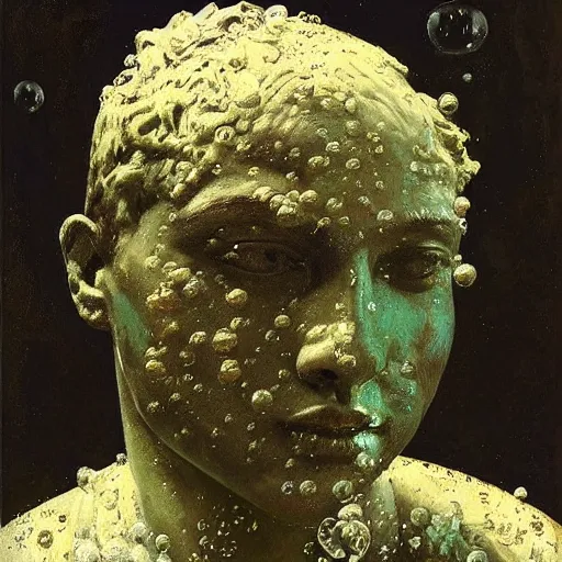 Prompt: a sculpture portrait made of soap and bubbles and mud and flowers, painting part by wojciech siudmak, part by ilya repin, part by max ernst, part by norman rockwell, artstation