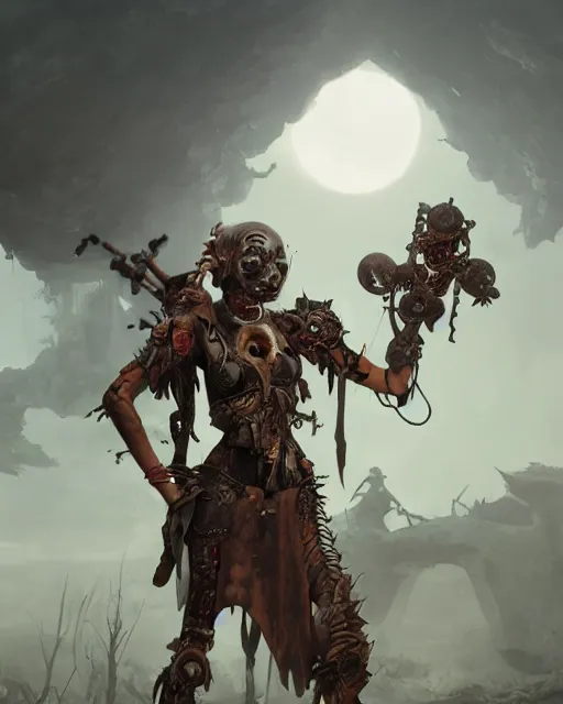 Prompt: hyper realistic photo of postapocalyptic indonesian death cult monk cyborg girl with indonesian demon mask, sword and shield, robot familiar, full body, cinematic, artstation, cgsociety, greg rutkowski, james gurney, mignola, craig mullins, brom