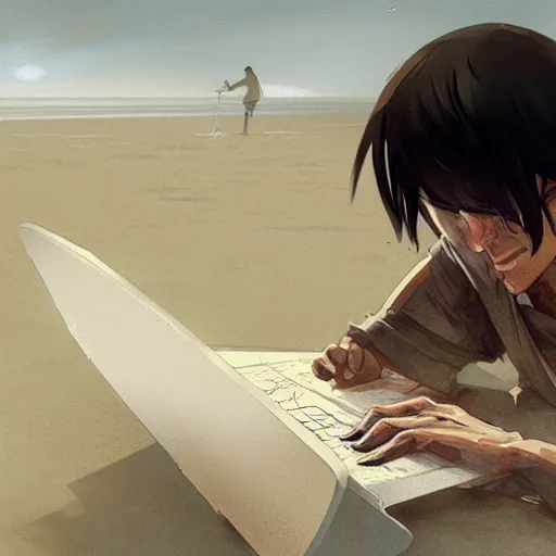 Image similar to concept art of man working on laptop at beach, perfect face, fine details, by greg rutkowski, makoto shinkai