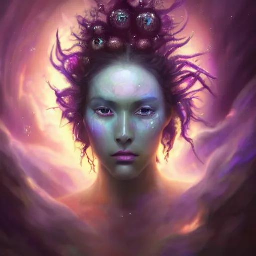 Image similar to epic portrait an nebulae goddess with flowing purple long hair and glowing purple eyes, sweaty skin, beautiful face, digital painting, artstation, concept art, soft light, hdri, smooth, sharp focus, illustration, fantasy, intricate, elegant, highly detailed, D&D, matte painting, in the style of Greg Rutkowski and Alphonse Mucha and artemisia, 8k, highly detailed, jurgens, rutkowski, bouguereau, pastoral, rustic, georgic, detailed concept art, illustration, colorful pastel, painting, detail, ultra detailed, digital art, 4K,