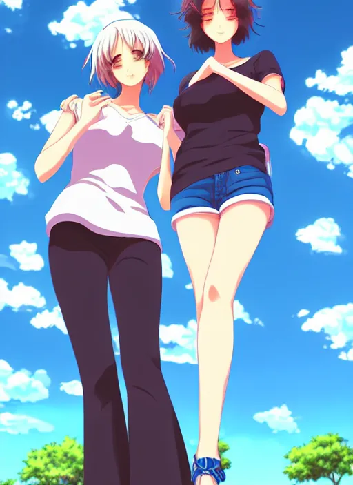 Image similar to two beautiful mature women under a blue sky, casual summer clothes, gorgeous faces, thick lines, cinematic lighting, detailed anime art