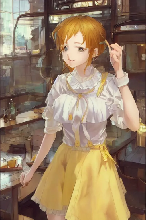 Image similar to A girl in a maid's outfit in a cafe a afternoon, wavy hair yellow theme,S line,45 angel by krenz cushart and range murata and greg rutkowski