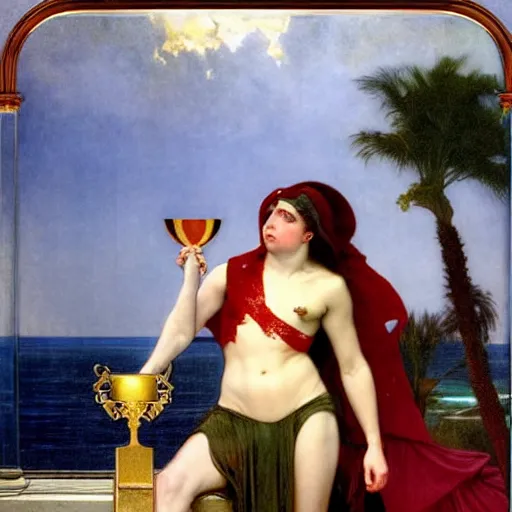 Prompt: Justice with a blood dripping chalice at the palace, thunderstorm, pool, beach and palm trees on the background major arcana sky, by paul delaroche, alphonse mucha and arnold böcklin arnold böcklin hyperrealistic 8k, very detailed