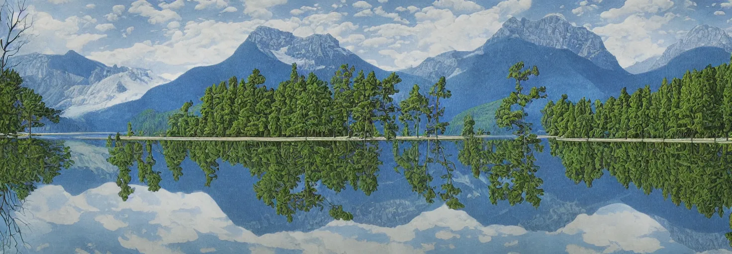 Image similar to escher painting of a lake, big trees reflecting on lake surface, mountains at background, snowy, ultra sharp, ultra detailed, colorized by salvador