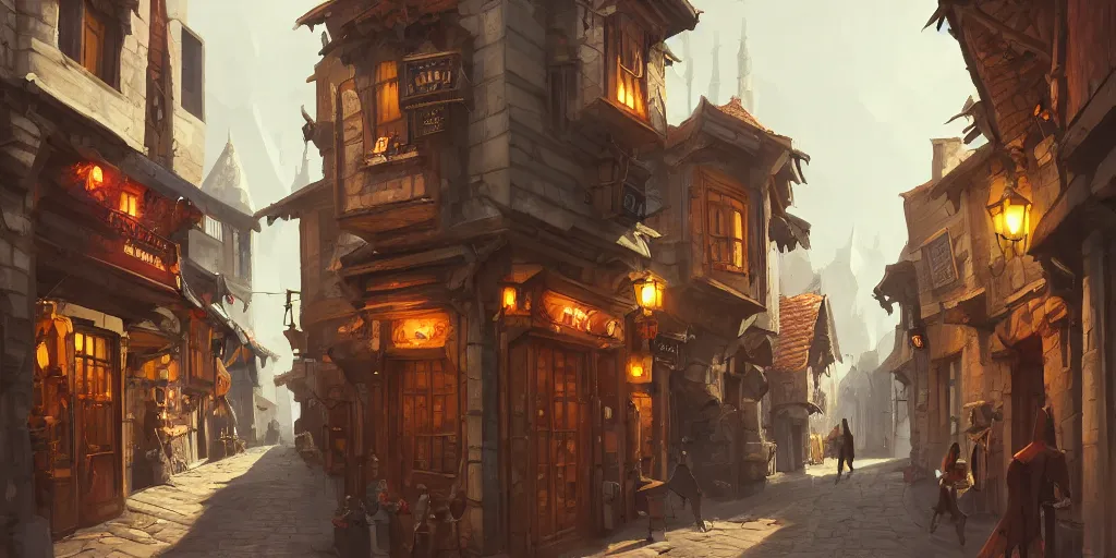 Prompt: a busy fantasy street within a fascinating old city, quirky shops, narrow streets, old buildings, by Sylvain Sarrailh, cinematic, simple but effective composition, clean lines, beautiful digital painting, oil painting, detailed, dungeons and dragons, lord of the rings