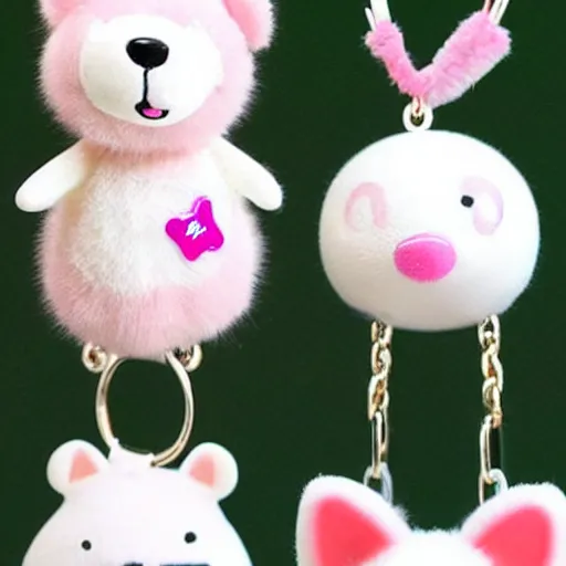 Image similar to some cute plastic toys that look like animal characters hanging from a backpack on a keychain, white, cream, and light pink