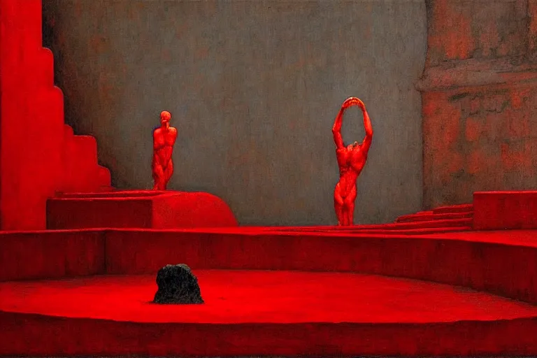 Image similar to only with red, a red great emperor, taormina amphitheatre, expressive crowd with big smile, in the style of beksinski, parts by edward hopper, parts by rodcenko, parts by yue minjun, intricate and epic composition, red by caravaggio, insanely quality, highly detailed, masterpiece, red light, artstation, 4 k