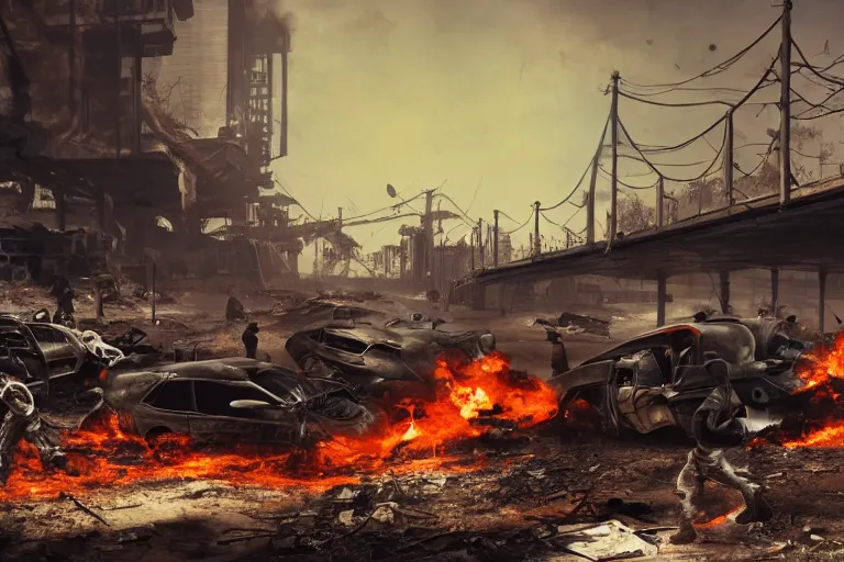 Image similar to a group of vagrants huddled around the burning shell of a futuristic car under a broken highway bridge, scene from fallout 4, dystopian, post apocalyptic, highly detailed, trending on artstation, 4k