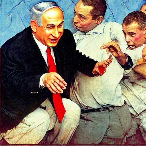 Prompt: benjamin netanyahu juggling, by norman rockwell and michael cheval