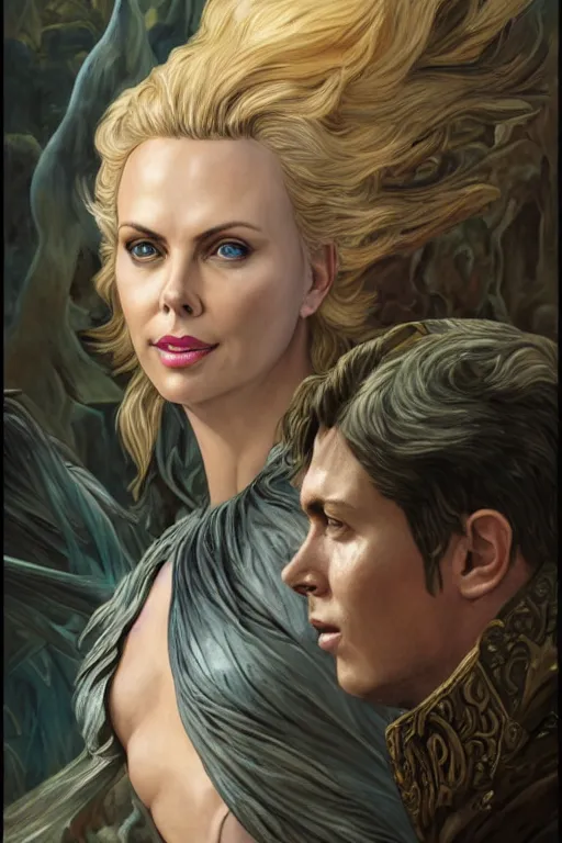 Image similar to A fantasy comic book style portrait painting of Charlize Theron, Scarlett Johansson, as an Atlantean Reptilian Warrior, Mystical Valkyrie, François Boucher, Oil Painting, unreal 5, DAZ, hyperrealistic, octane render, Regal, Refined, Detailed Digital Art, RPG portrait, William-Adolphe Bouguereau, Michael Cheval, Walt Disney (1937), Steampunk, dynamic lighting, Highly Detailed, Cinematic Lighting, Unreal Engine, 8k, HD