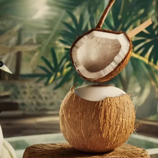 Prompt: anthropomorphic coconut in perfume bottle commercial