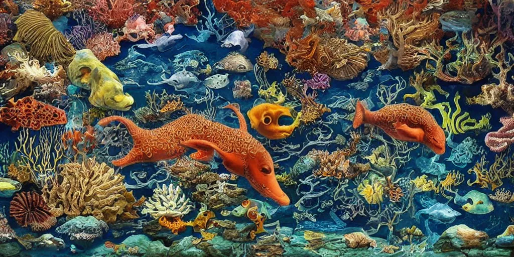 Image similar to exotic deep sea animal aquarium in the style of heironymus bosch, colorful intricate masterpiece, hyper detailed, hd