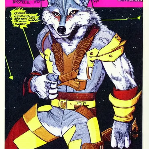 Image similar to 1 9 8 0 s comic book cover scan featuring a portrait of villain male wolf o'donnell anthropomorphic wolf furry fursona from starfox wearing a dark space mercenary uniform, dark grey wolf, handsome eyes, wolf o'donnell