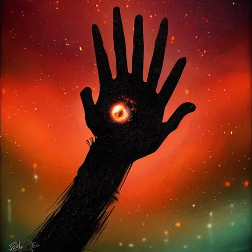 Prompt: a hand comes out from a black hole in the sky, dark, creepy, detailed, digital art