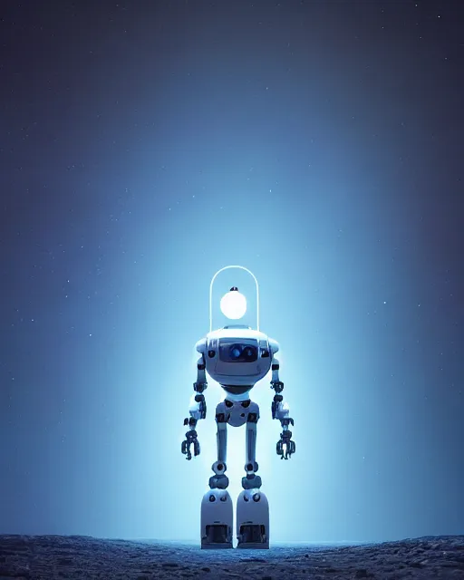 Image similar to a robot standing in front of a glowy open door that's on a barren moon, poster art by mike winkelmann, trending on cg society, space art, sci - fi, ue 5, futuristic, volumetric lighting, light casting onto the ground, neat composition and camera angle