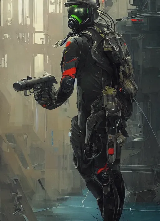 Prompt: Vernon. USN blackops operator infiltrating oil rig. Operator wearing Futuristic cyberpunk tactical wetsuit. Frogtrooper. rb6s, MGS, and splinter cell Concept art by James Gurney, greg rutkowski, and Alphonso Mucha. Vivid color scheme.