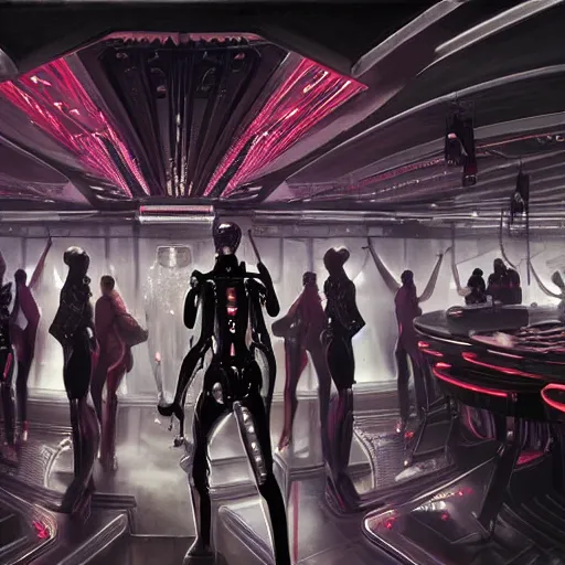 Prompt: ultra realist soft painting render of the inside of a futuristic bar, beautiful cyberwear armored cyborg dancers, crowded silhouettes, symmetry accurate features, very intricate details, black white red purple color palette, masterpiece award winning, cinematic lighting, focus, tom bagshaw artstyle