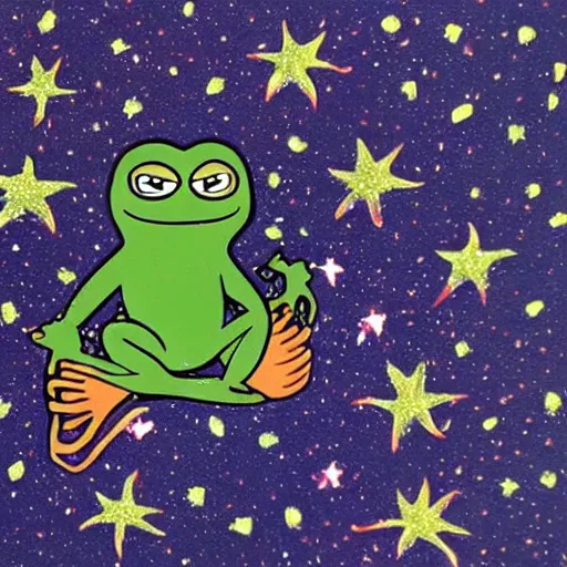 Prompt: cave painting of pepe the frog with star and galaxies