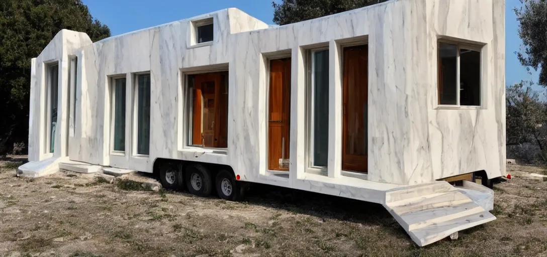 Image similar to greek tiny house on trailer that looks like the parthenon made of marble designed by iktinos and callicrates.