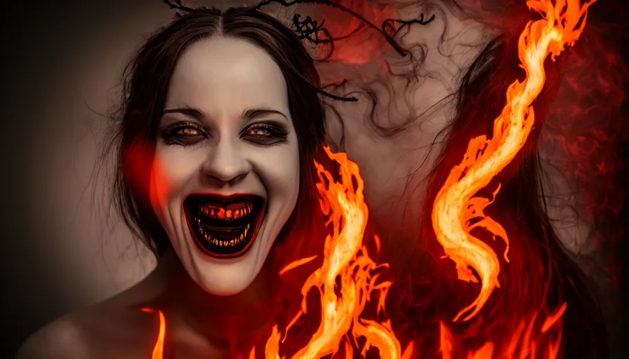 Prompt: portrait of a beatuiful laughing woman with horns made of flames in gothic attire, creepy vibe, studio photography, studio lighting, realistic render, octane render, 4 k, 8 k, face in focus