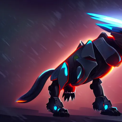 Image similar to highly detailed cinematic full body shot of a mecha canine, sharp claws, detailed maw, sleek armor, glowing visor, charging through city, digital art, furry art, furaffinity, deviantart, dragon art