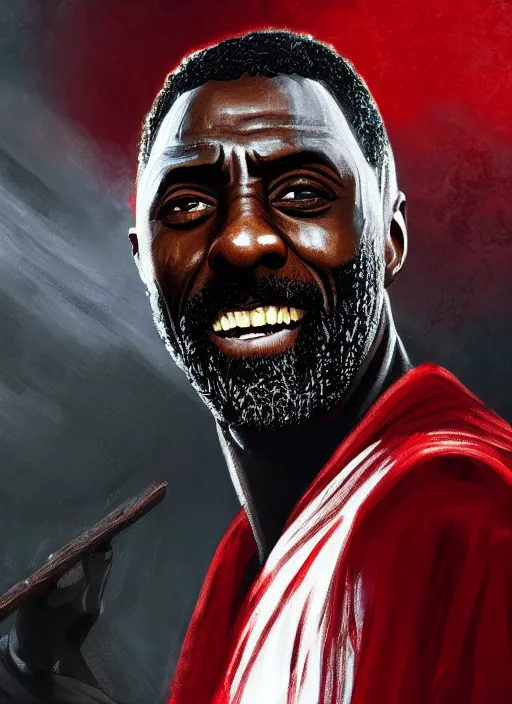 Image similar to a highly detailed illustration of idris elba as a sadistic sharp white haired priest wearing red and white robe, dramatic smiling wielding bloody cross pose, gothic church background, intricate, elegant, highly detailed, centered, digital painting, artstation, concept art, smooth, sharp focus, league of legends concept art, wlop